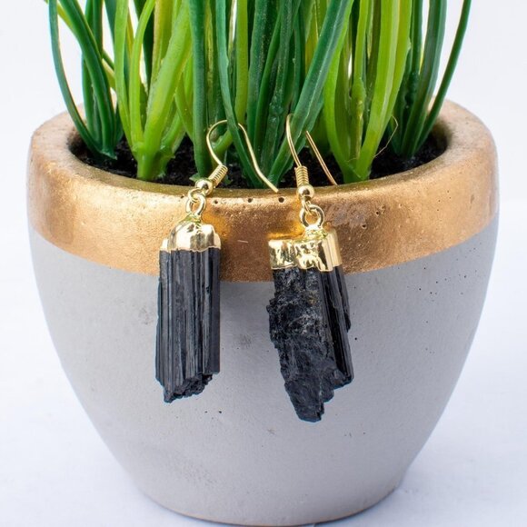 Black Tourmaline Protection Rough Earrings with Gold Trim Grounding Positivity - Picture 2 of 9